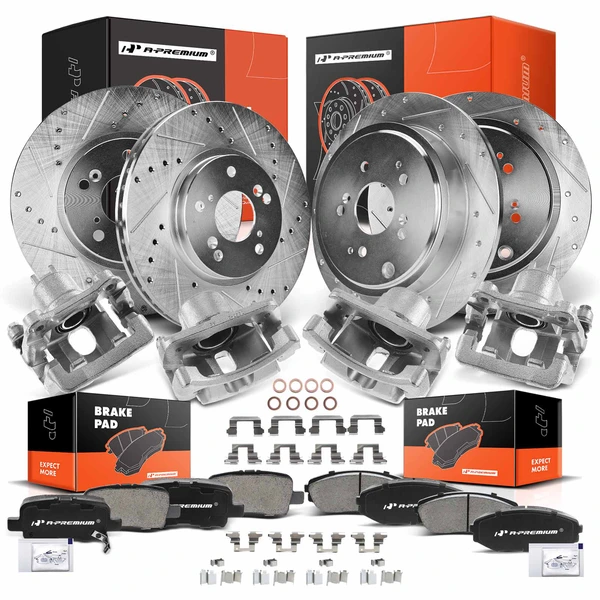 16 Pcs Front & Rear Drilled Brake Rotors & Pads + Brake Calipers for Acura MDX 2001-2002