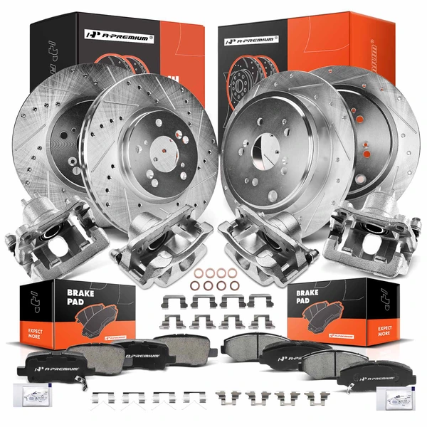 16 Pcs Front & Rear Drilled Brake Rotors & Pads + Brake Calipers for Honda Pilot 03-08