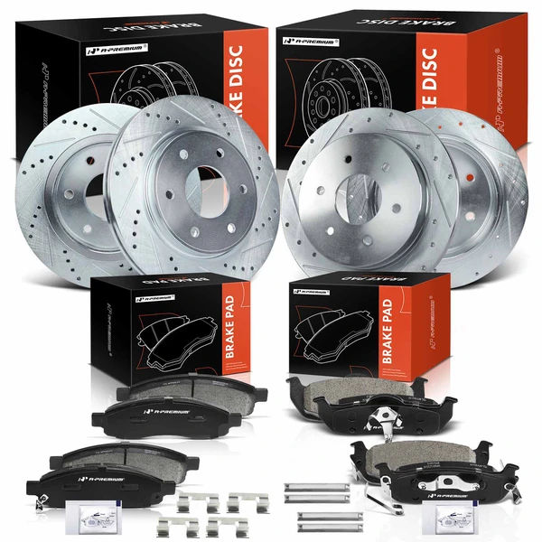 2005-2007 Nissan Titan Drilled & Slotted Disc Brake Rotors and Ceramic Pads Kit, 12 Pcs, Front & Rear, A-Premium, APBRPS690