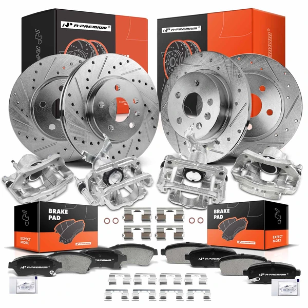 16 Pcs Front & Rear Drilled Brake Rotors & Pads + Brake Calipers for Chevrolet Cruze 2011-2015