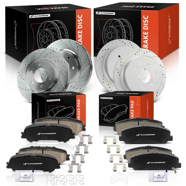 Drilled & Slotted Disc Brake Rotors and Ceramic Pads Kit, 12 Pcs, Front & Rear, A-Premium, APBRPS1554