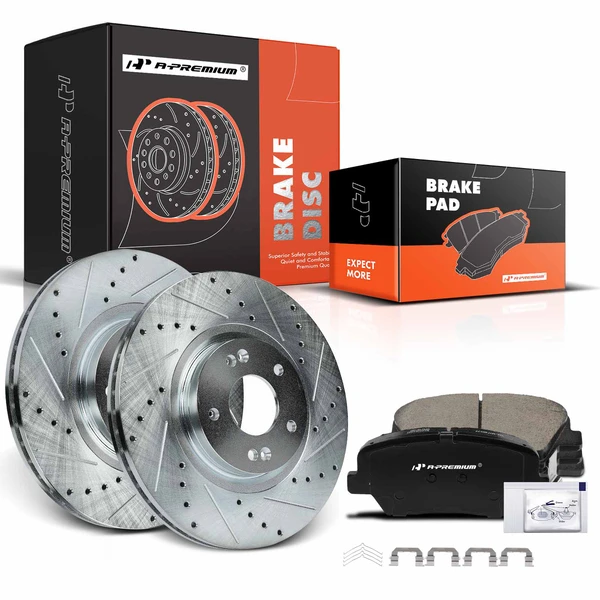 2016-2020 Kia Sorento Drilled & Slotted Disc Brake Rotors and Ceramic Pads Kit, 6 Pcs, Front Driver & Passenger, A-Premium, APBRPS1048