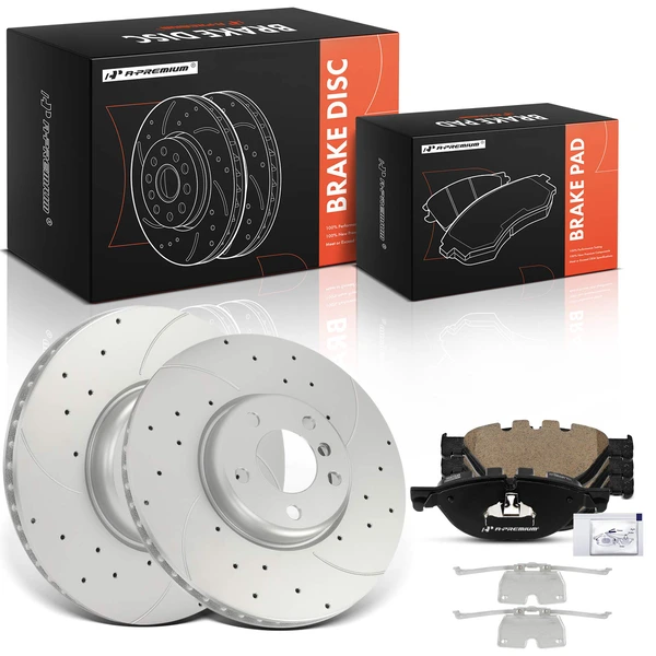 2011-2015 BMW 740i Drilled & Slotted Disc Brake Rotors and Ceramic Pads Kit, 6 Pcs, Front Driver & Passenger, A-Premium, APBRPS1574