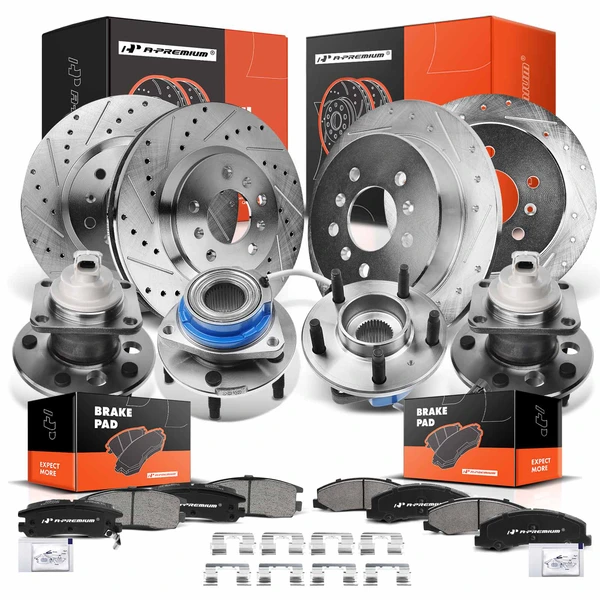 16 Pcs Front & Rear Drilled Brake Rotor & Pads + Wheel Hub Bearing for 2006-2010 Chevrolet Impala