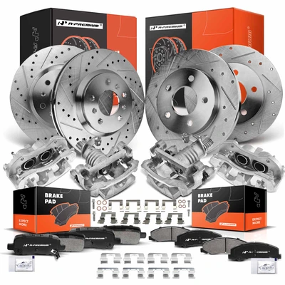 16 Pcs Front & Rear Drilled Brake Rotors & Pads + Brake Calipers