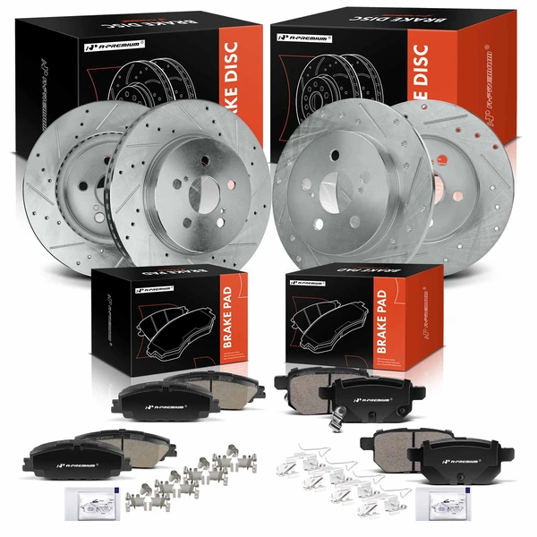 2020-2022 Toyota Prius Prime Drilled & Slotted Disc Brake Rotors and Ceramic Pads Kit, 12 Pcs, Front & Rear, A-Premium, APBRPS1350
