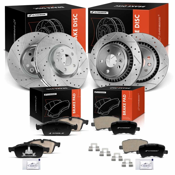 2016-2017 Volvo XC60 Drilled & Slotted Disc Brake Rotors and Ceramic Pads Kit, 12 Pcs, Front & Rear, A-Premium, APBRPS1354