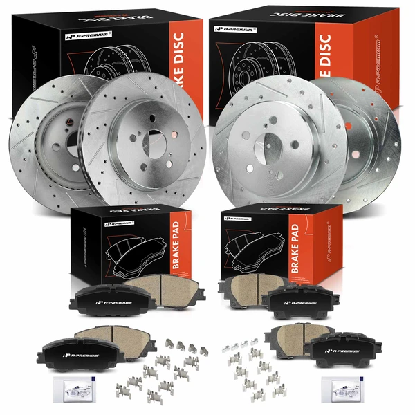 2019-2022 Toyota Corolla Drilled & Slotted Disc Brake Rotors and Ceramic Pads Kit, 12 Pcs, Front & Rear, A-Premium, APBRPS1356