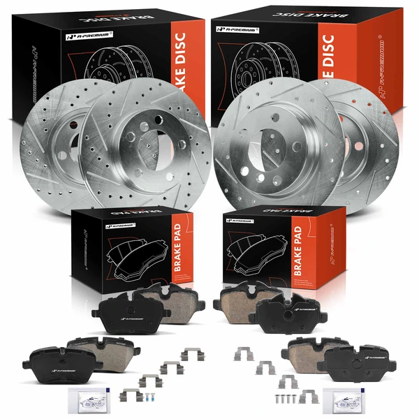 2011-2016 Mini Cooper Countryman Drilled & Slotted Disc Brake Rotors and Ceramic Pads Kit, 12 Pcs, Front & Rear, A-Premium, APBRPS1352