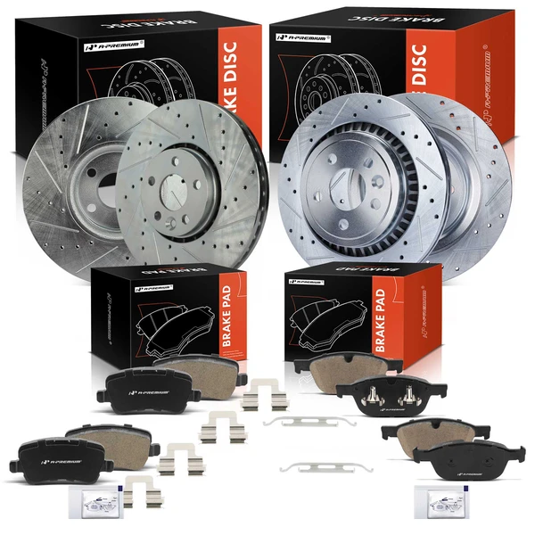 Drilled & Slotted Disc Brake Rotors and Ceramic Pads Kit, 12 Pcs, Front & Rear, A-Premium, APBRPS1353