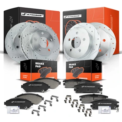 2000-2005 Buick LeSabre Drilled & Slotted Disc Brake Rotors and Ceramic Pads Kit, 12 Pcs, Front & Rear, A-Premium, APBRPS193