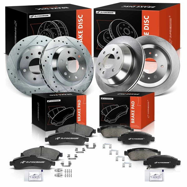 2004-2005 Isuzu Ascender Drilled & Slotted Disc Brake Rotors and Ceramic Pads Kit, 12 Pcs, Front & Rear, A-Premium, APBRPS472