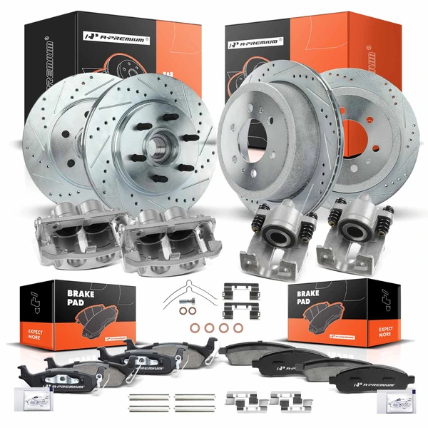 16 Pcs Front & Rear Drilled Brake Rotors & Pads + Brake Calipers for Ford F-150 2004-2005