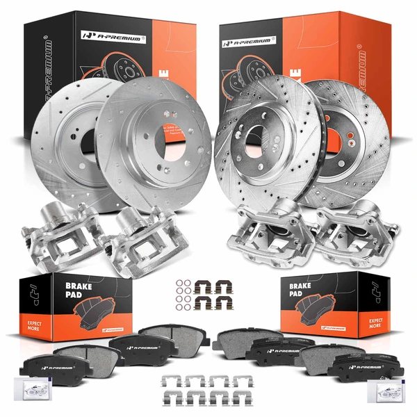 16 Pcs Front & Rear Drilled Brake Rotors & Pads + Brake Calipers for Kia Hyundai