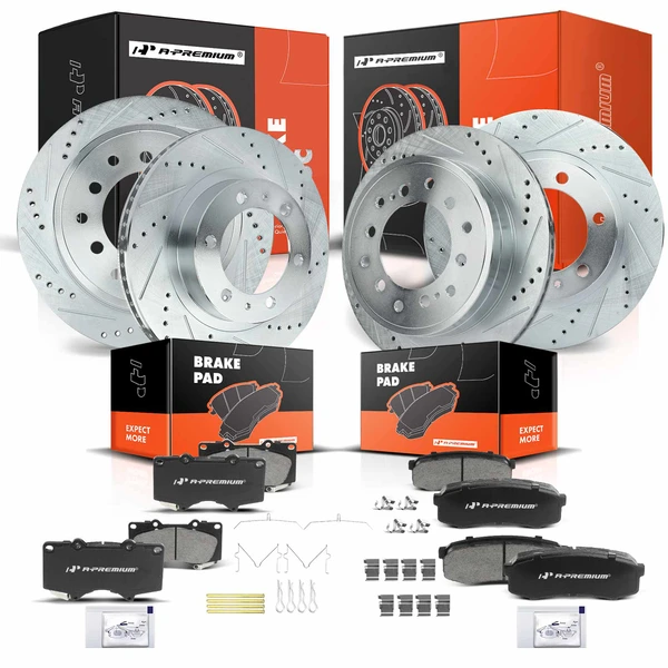 2007-2009 Toyota FJ Cruiser Drilled & Slotted Disc Brake Rotors and Ceramic Pads Kit, 12 Pcs, Front & Rear, A-Premium, APBRPS255