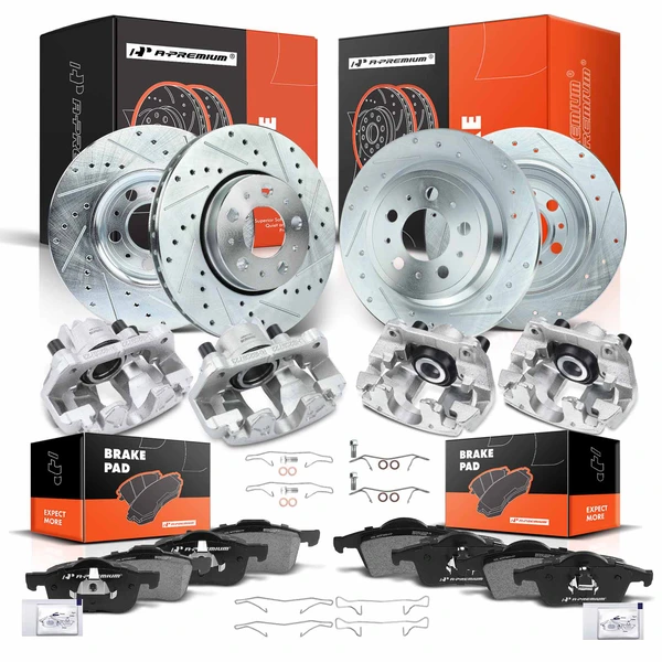 16 Pcs Front & Rear Drilled Brake Rotors & Pads + Brake Calipers for Volvo XC70 03-07 S80