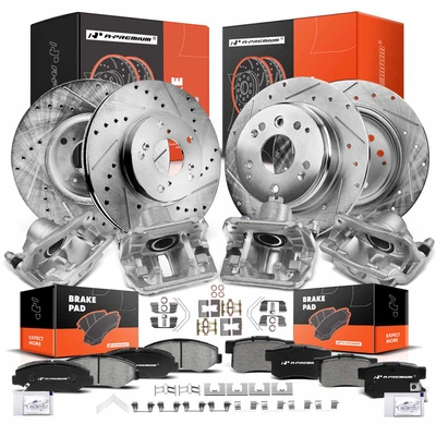 16 Pcs Front & Rear Drilled Brake Rotors & Pads + Brake Calipers