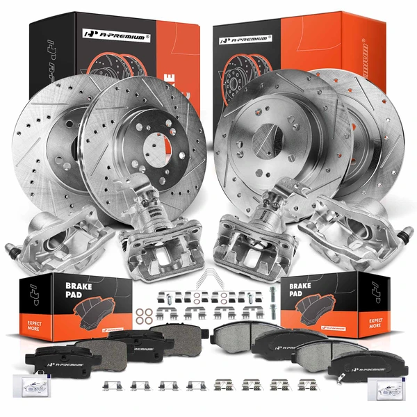 16 Pcs Front & Rear Drilled Brake Rotors & Pads + Brake Calipers for 2003-2007 Honda Accord