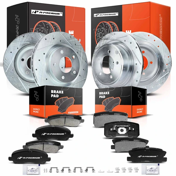 Drilled & Slotted Disc Brake Rotors and Ceramic Pads Kit, 12 Pcs, Front & Rear, A-Premium, APBRPS210