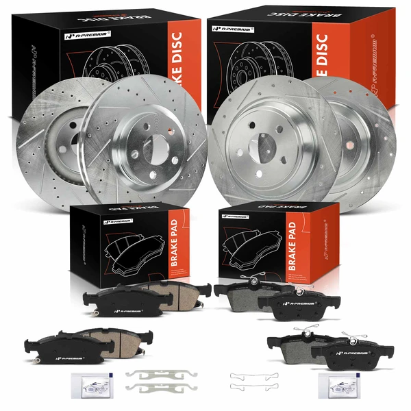 Drilled & Slotted Disc Brake Rotors and Ceramic Pads Kit, 12 Pcs, Front & Rear, A-Premium, APBRPS1361