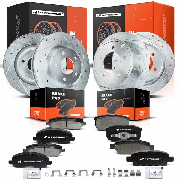 Drilled & Slotted Disc Brake Rotors and Ceramic Pads Kit, 12 Pcs, Front & Rear, A-Premium, APBRPS212