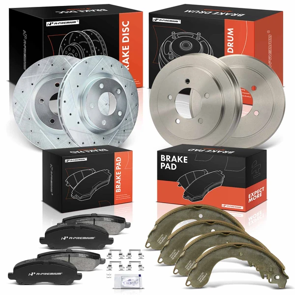 Drilled & Slotted Front Disc Brake Rotors & Pads + Rear Drums & Shoes Kit, 12 Pcs, Front & Rear, A-Premium, APBRPS1568