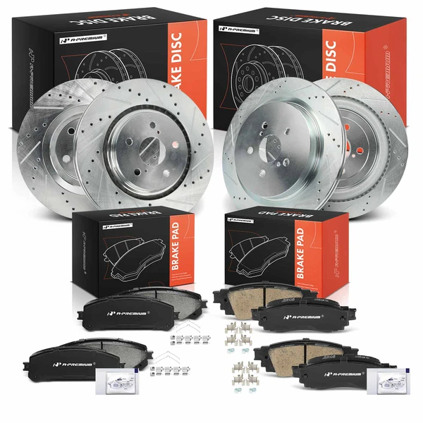 2016-2020 Lexus RX350 Drilled & Slotted Disc Brake Rotors and Ceramic Pads Kit, 12 Pcs, Front & Rear, A-Premium, APBRPS1569