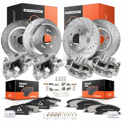 16 Pcs Front & Rear Drilled Brake Rotors & Pads + Brake Calipers