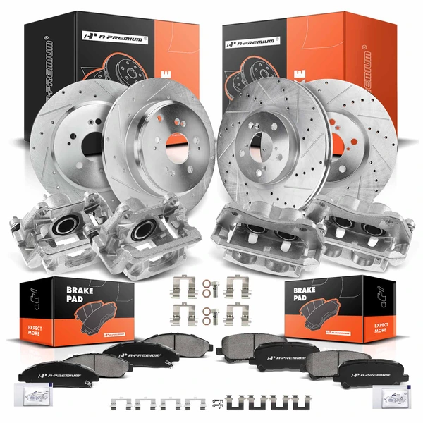 16 Pcs Front & Rear Drilled Brake Rotors & Pads + Brake Calipers for Honda Pilot 09-15