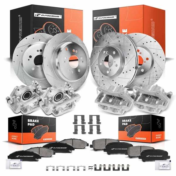 16 Pcs Front & Rear Drilled Brake Rotors & Pads + Brake Calipers for Acura MDX 07-13 ZDX
