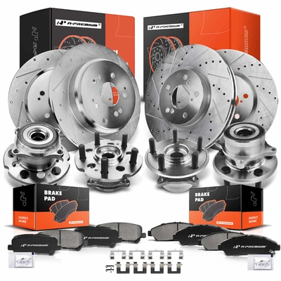 16 Pcs Front & Rear Drilled Brake Rotor & Pads + Wheel Hub Bearing