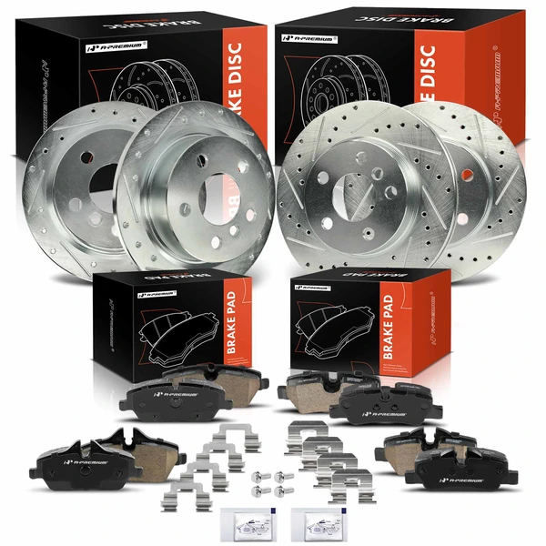 2015-2016 Mini Cooper Drilled & Slotted Disc Brake Rotors and Ceramic Pads Kit, 12 Pcs, Front & Rear, A-Premium, APBRPS1368