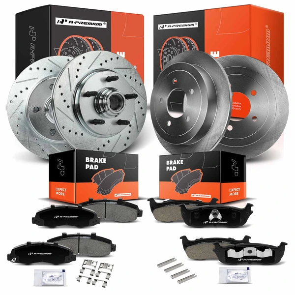 2002 Lincoln Blackwood Front Drilled & Slotted Disc Brake Rotors and Ceramic Pads Kit, 12 Pcs, Front & Rear, A-Premium, APBRPS1061