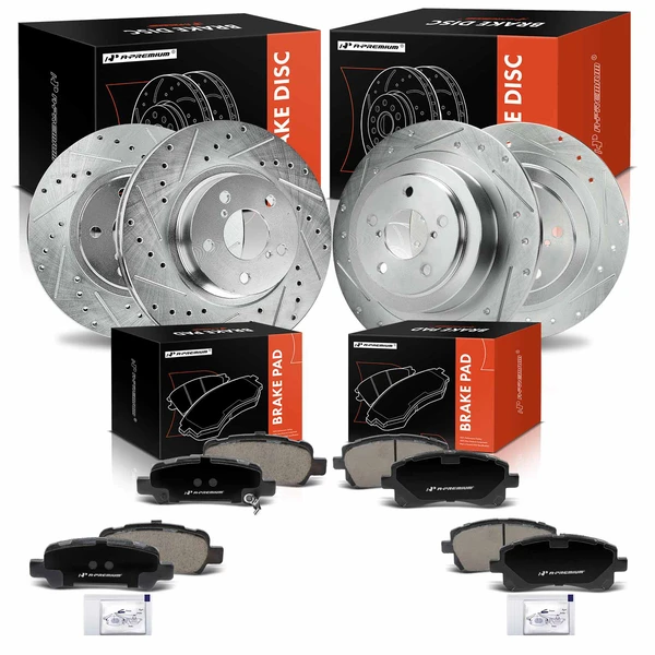 2000-2002 Subaru Legacy Drilled & Slotted Disc Brake Rotors and Ceramic Pads Kit, 12 Pcs, Front & Rear, A-Premium, APBRPS1455