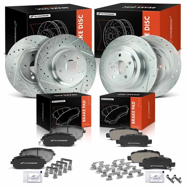 2003-2004 Subaru Legacy Drilled & Slotted Disc Brake Rotors and Ceramic Pads Kit, 12 Pcs, Front & Rear, A-Premium, APBRPS1456