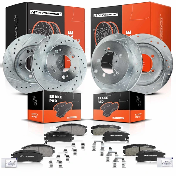 1995-1999 Mitsubishi Eclipse Drilled & Slotted Disc Brake Rotors and Ceramic Pads Kit, 12 Pcs, Front & Rear, A-Premium, APBRPS706