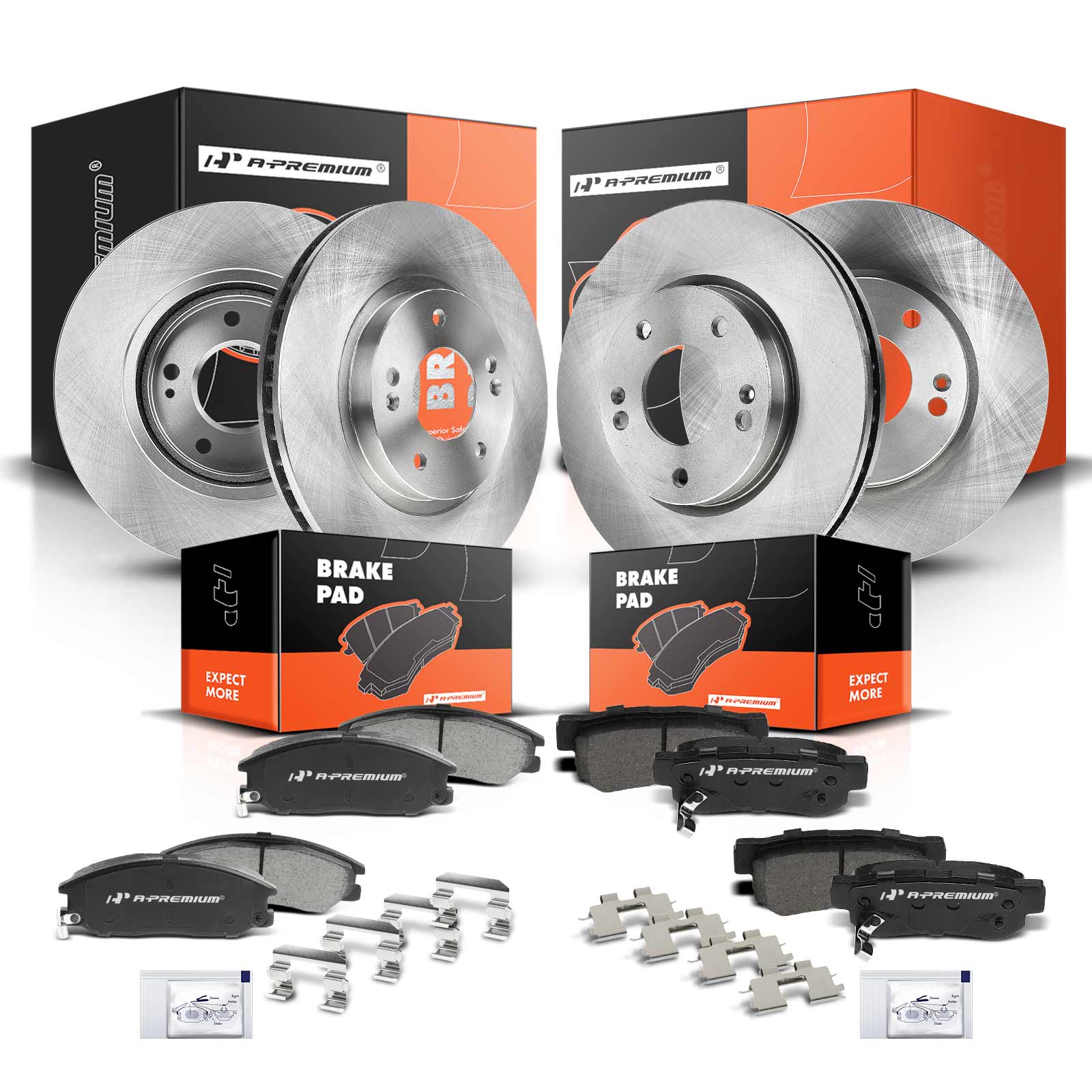 2001-2006 Hyundai Santa Fe Disc Brake Rotors and Ceramic Pads Kit, 12 Pcs, Front & Rear, A-Premium, APBRPR155