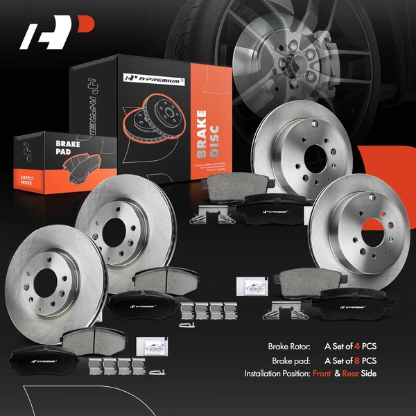 Disc Brake Rotors and Ceramic Pads Kit, 12 Pcs, Front & Rear, A-Premium, APBRPR167