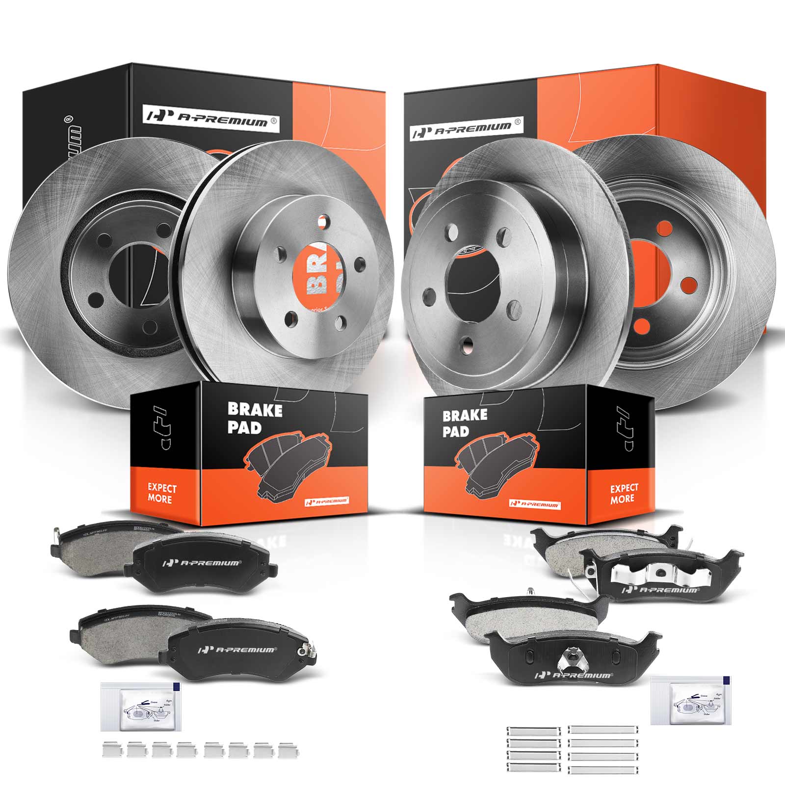 2003-2007 Jeep Liberty Disc Brake Rotors and Ceramic Pads Kit, 12 Pcs, Front & Rear, A-Premium, APBRPR400