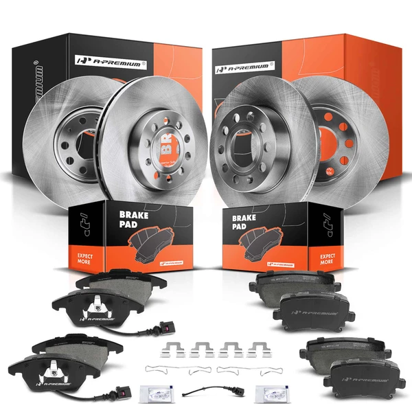 2006-2009 Volkswagen Rabbit Disc Brake Rotors and Ceramic Pads Kit, 12 Pcs, Front & Rear, A-Premium, APBRPR357