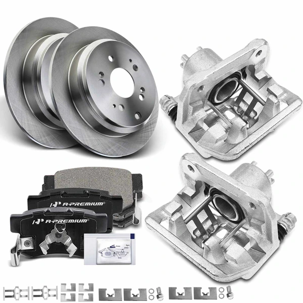 2005-2006 Honda CR-V Disc Brake Rotors and Ceramic Pads Kit with Calipers, 8 Pcs, Rear Driver & Passenger, A-Premium, APBRPR711