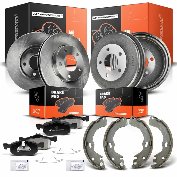 2001-2006 Mazda Tribute Front Disc Brake Rotors & Pads + Rear Drums & Shoes Kit, 12 Pcs, Front & Rear, A-Premium, APBRPR439