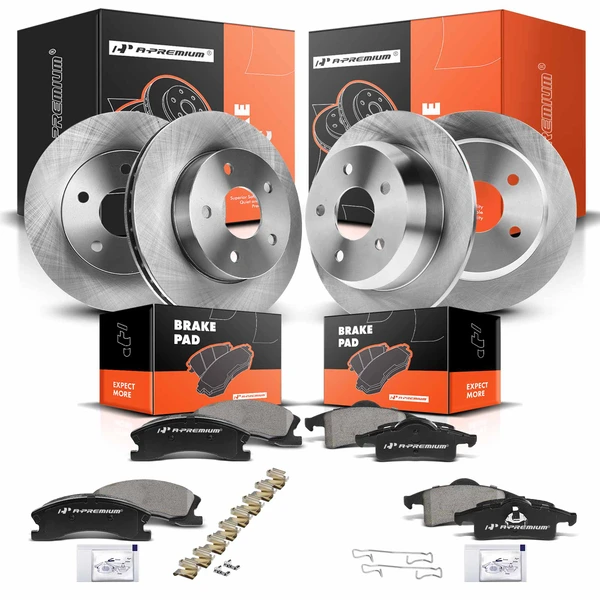 1999-2004 Jeep Grand Cherokee Disc Brake Rotors and Ceramic Pads Kit, 12 Pcs, Front & Rear, A-Premium, APBRPR381