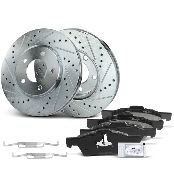 2001-2007 Chrysler Town & Country Drilled & Slotted Disc Brake Rotors and Ceramic Pads Kit, 6 Pcs, Front Driver & Passenger, A-Premium, APBRPS603