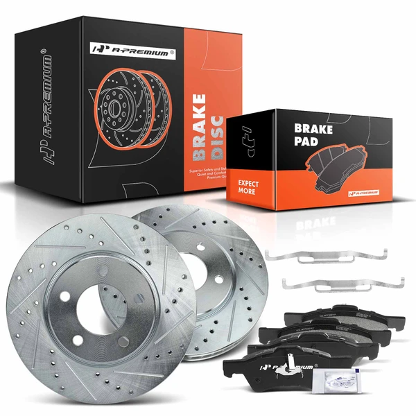 2001-2007 Chrysler Town & Country Drilled & Slotted Disc Brake Rotors and Ceramic Pads Kit, 6 Pcs, Front Driver & Passenger, A-Premium, APBRPS603