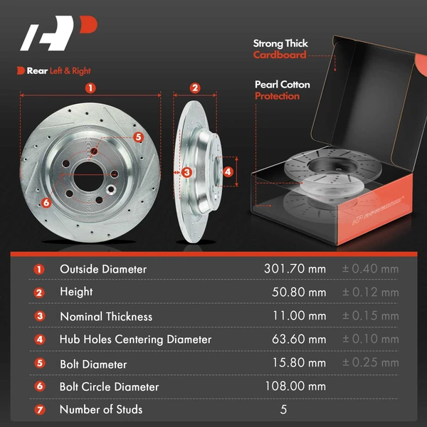Drilled & Slotted Disc Brake Rotors and Ceramic Pads Kit, 6 Pcs, Rear Driver & Passenger, A-Premium, APBRPS1151
