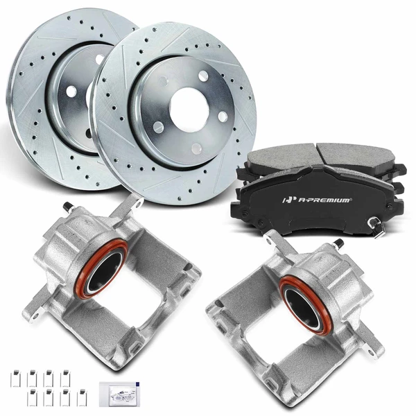 2013-2017 Jeep Wrangler Drilled & Slotted Disc Brake Rotors and Ceramic Pads Kit with Calipers, 8 Pcs, Front Driver & Passenger, A-Premium, APBRPS486
