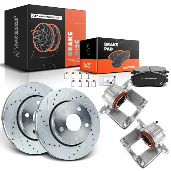 Drilled & Slotted Disc Brake Rotors and Ceramic Pads Kit with Calipers, 8 Pcs, Front Driver & Passenger, A-Premium, APBRPS486