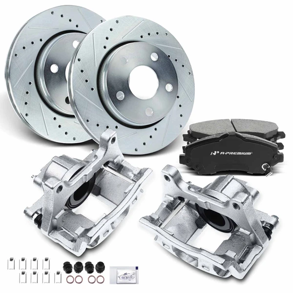 2008-2012 Jeep Wrangler Drilled & Slotted Disc Brake Rotors and Ceramic Pads Kit with Calipers, 8 Pcs, Front Driver & Passenger, A-Premium, APBRPS485