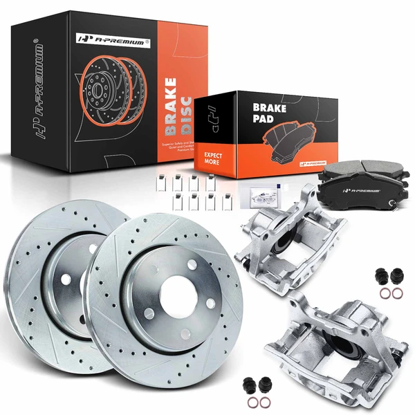 Drilled & Slotted Disc Brake Rotors and Ceramic Pads Kit with Calipers, 8 Pcs, Front Driver & Passenger, A-Premium, APBRPS485